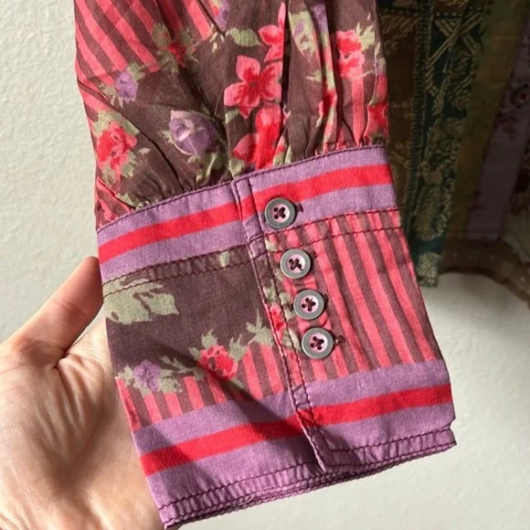 Free People We The Free Patchwork Floral Button Down Blouse Boho Cottagecore  XS - Picture 8 of 14